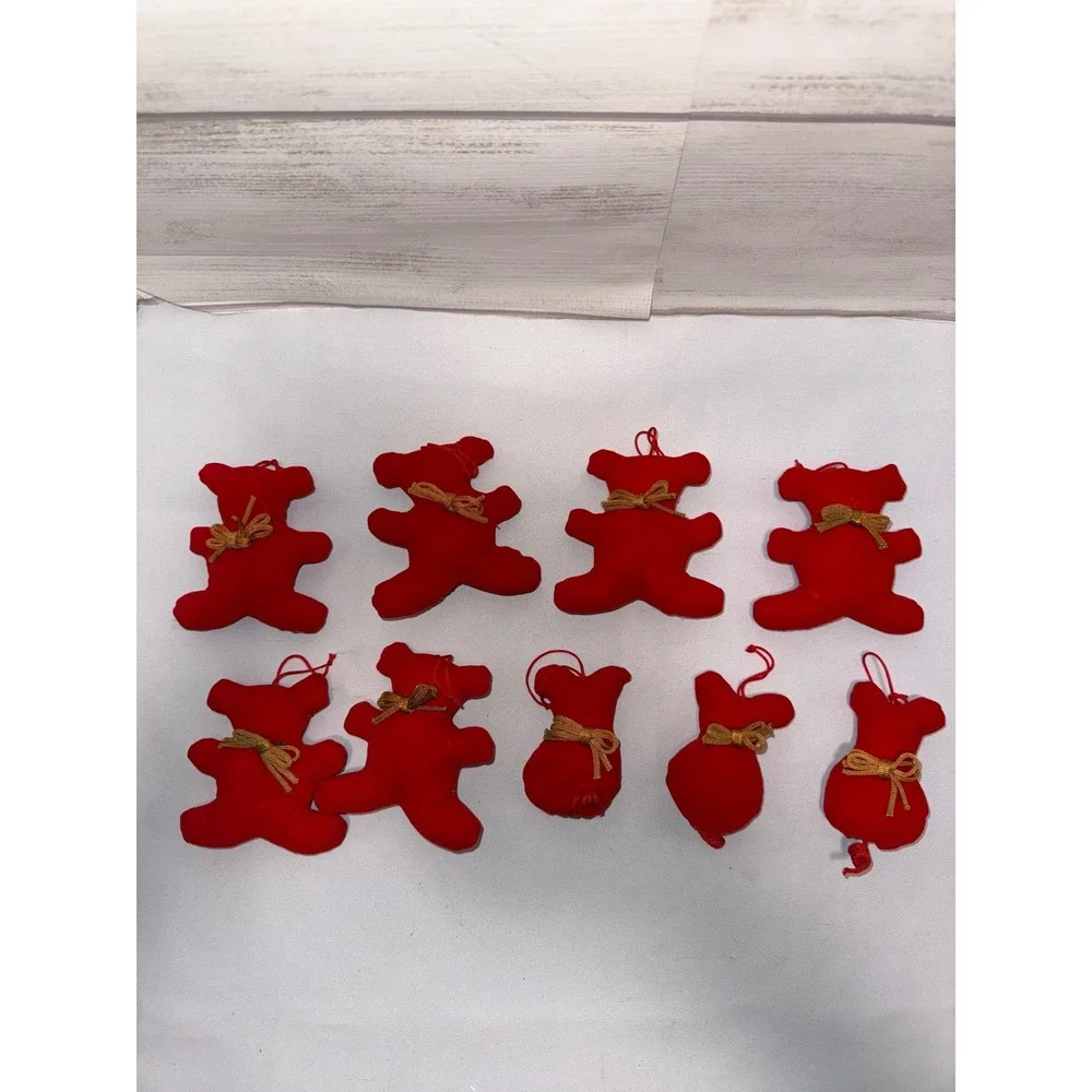 Vintage Red Flocked Bear and Mouse Christmas‎ Ornaments Set of 9 Gold Bows